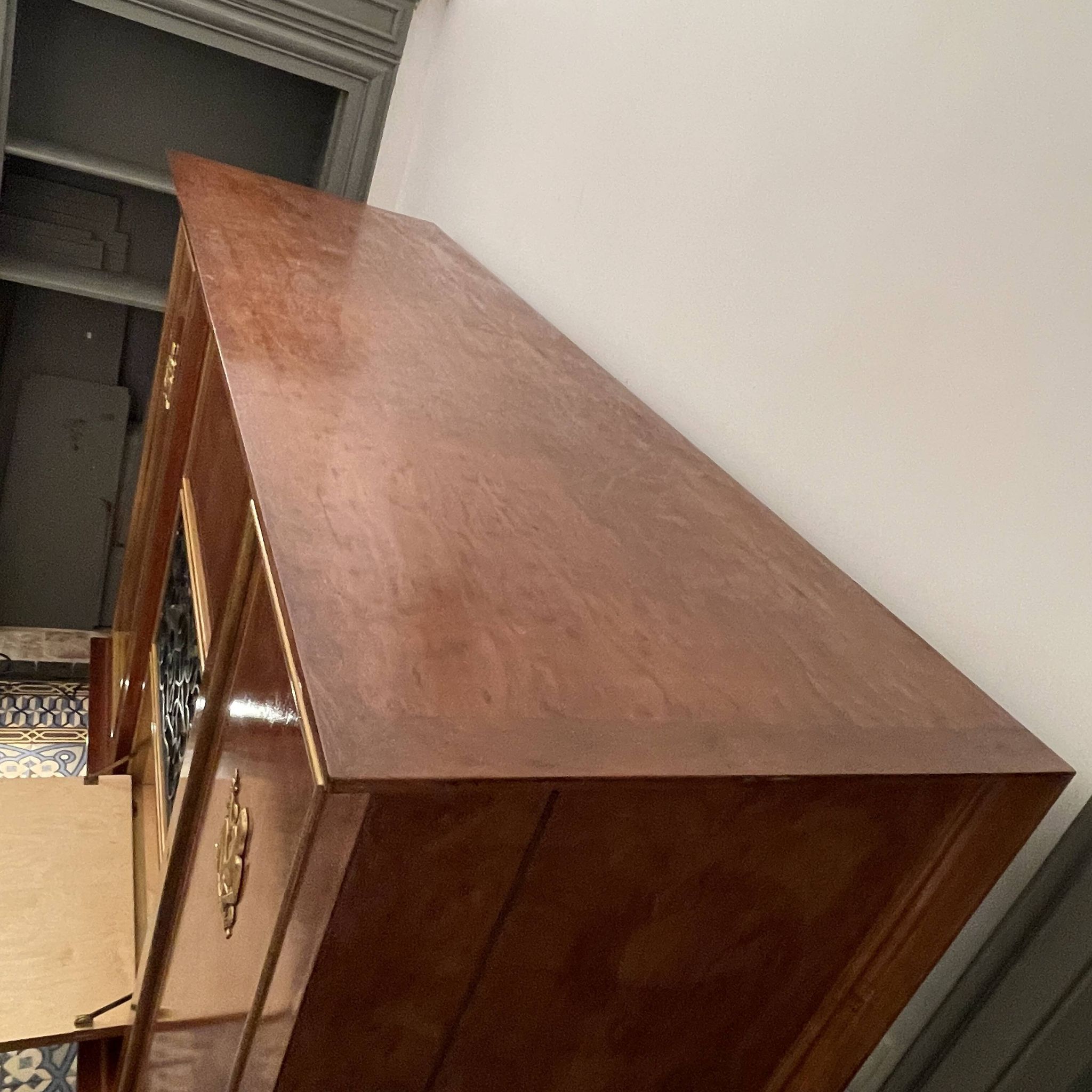 Art Deco sideboard or bar furniture, various veneers, bronze and ironwork, c