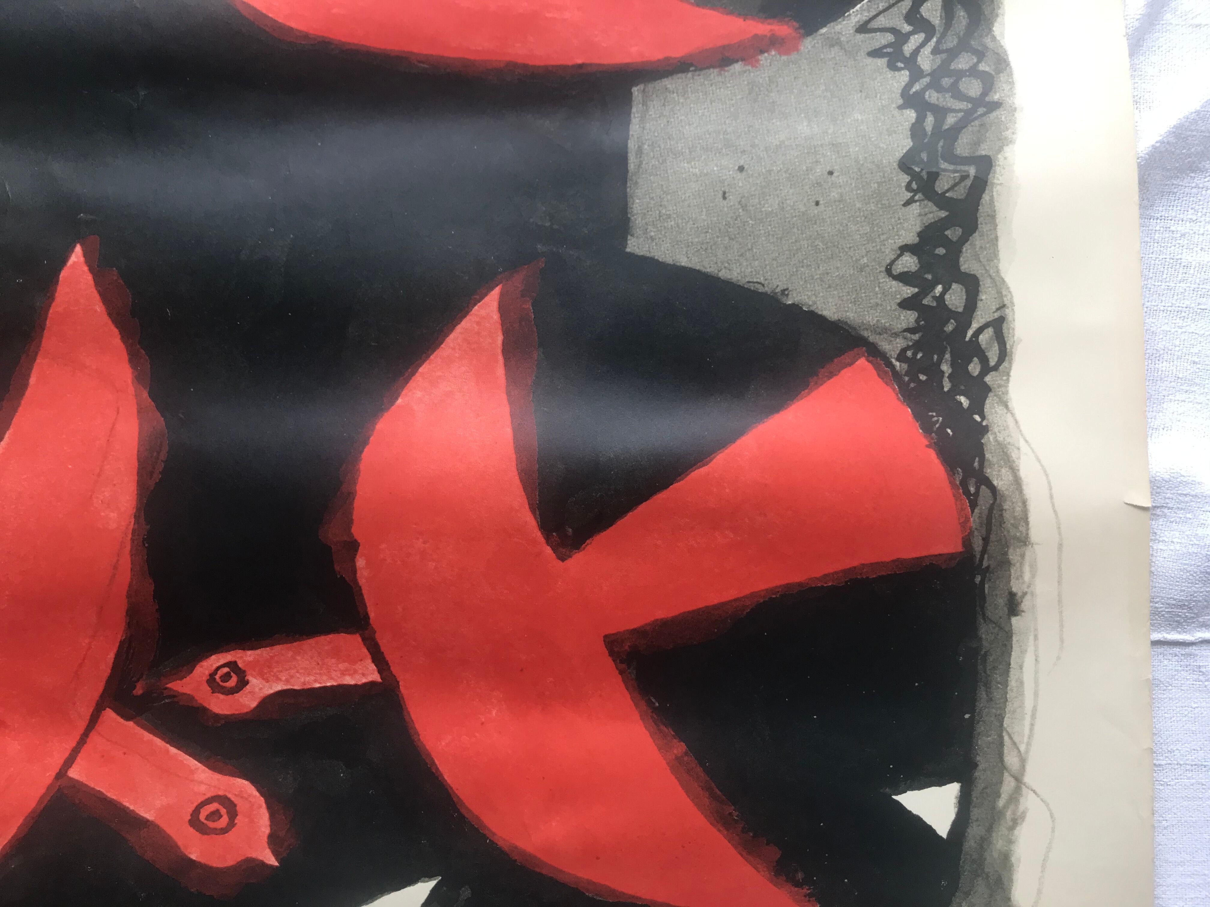 Poster Georges Braque litho offset 1956 - Three red birds -