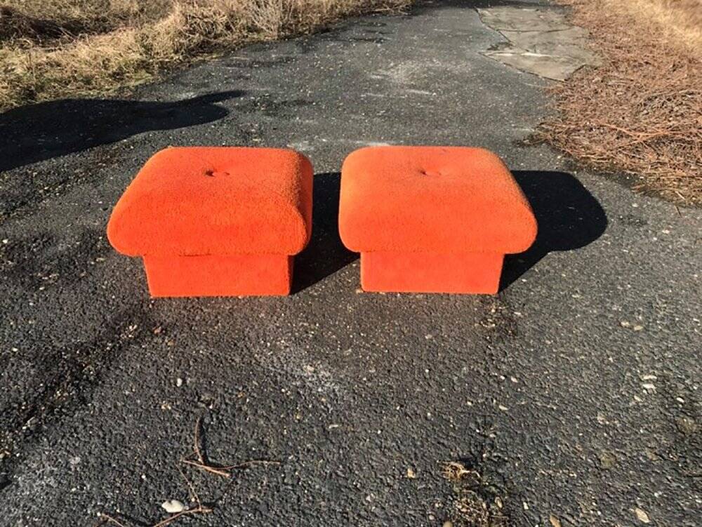 Vintage coral fabric dressing table set, 6 pieces (table, mirror, ottoman, bedside table)