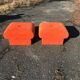 Vintage coral fabric dressing table set, 6 pieces (table, mirror, ottoman, bedside table)
