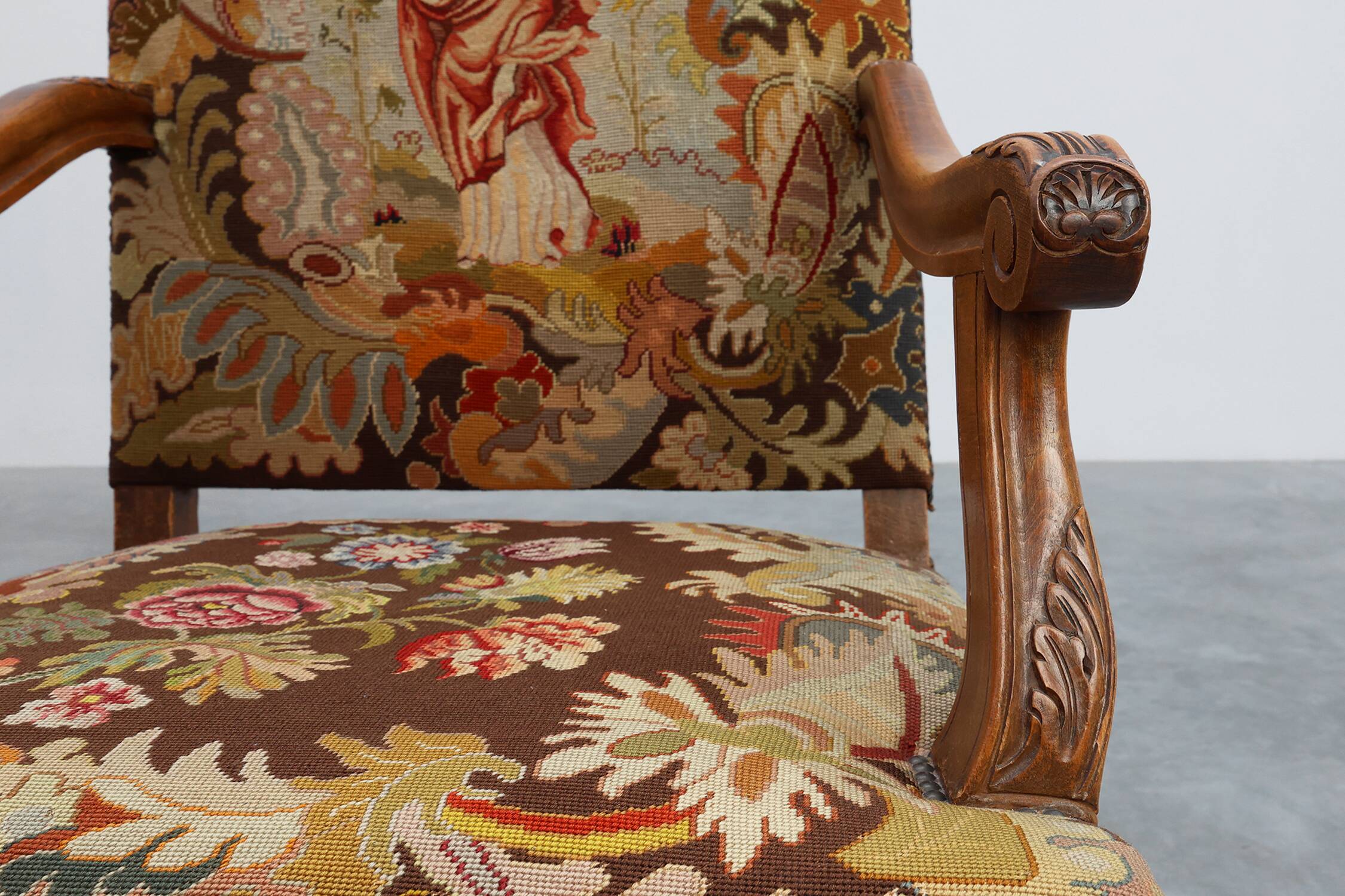 Louis XV Style Carved Walnut Armchair with Needlepoint Upholstery, France