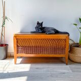 Vintage wooden and rattan storage bench – 1960s – Retro storage bench