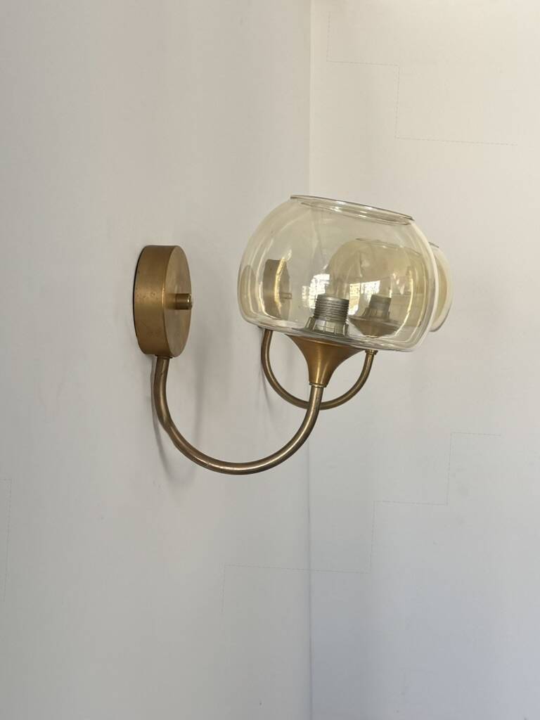 Pair of vintage wall lights in brass and smoked glass, France, 1970.