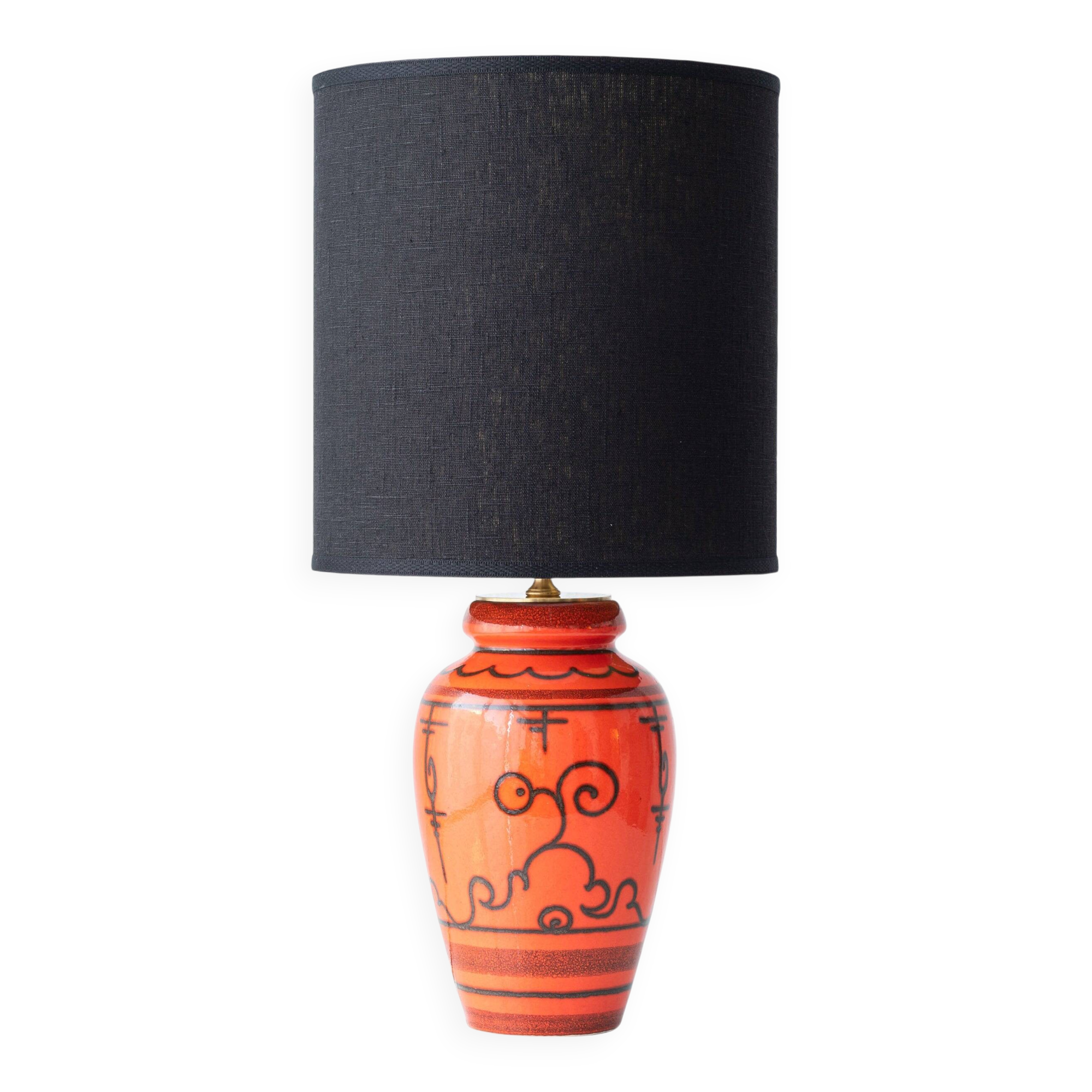 Dutch Orange Gouda Ceramic Table Lamp 'Tokio', 1970s, New Black Linen Shade