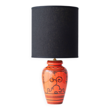 Lampe de table en céramique Gouda orange néerlandaise 'Tokio', années 1970, nouvel abat-jour en lin noir