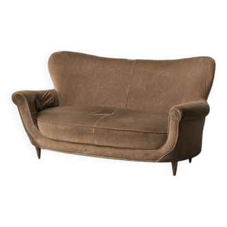Banquette 2 places en tissu marron et bois, années 1950