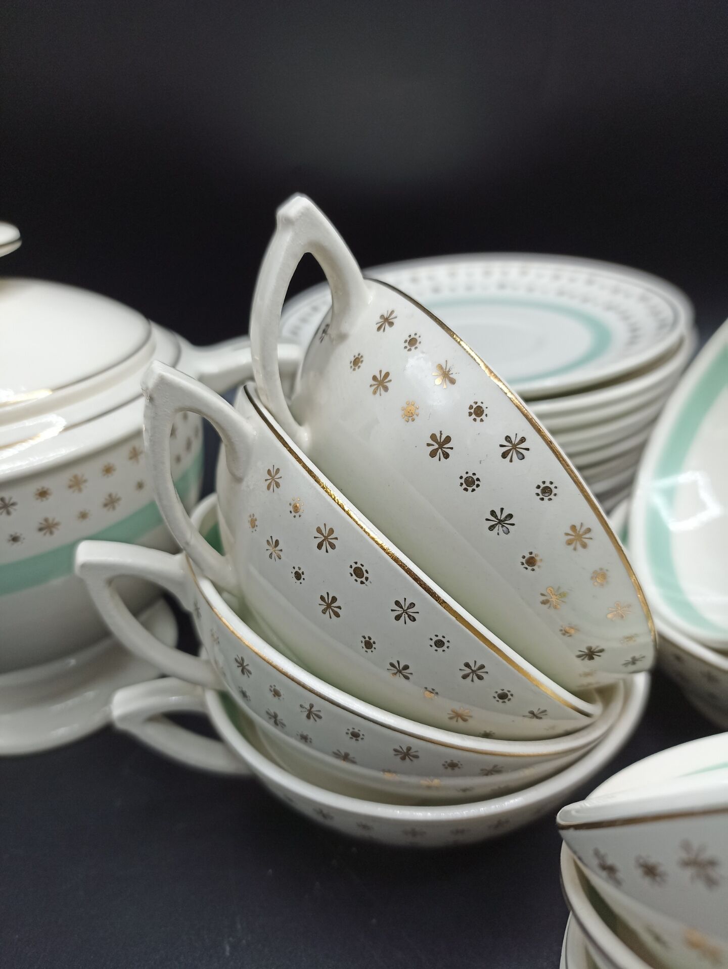 Tea set stars and mint green in semi-porcelain