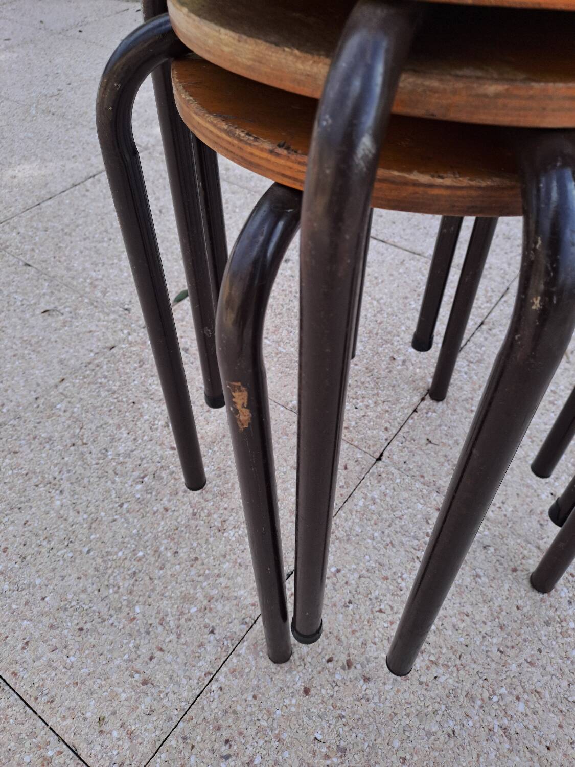 3 wooden and tube school stools