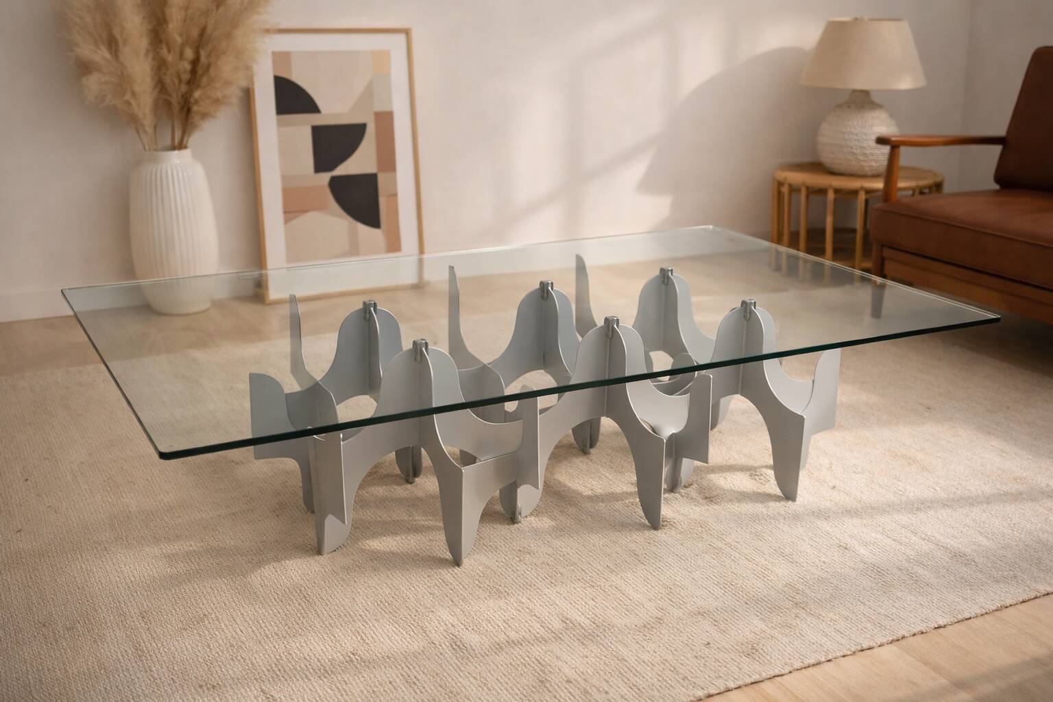 Sculptural coffee table in minimalist design made of metal and glass – 1970