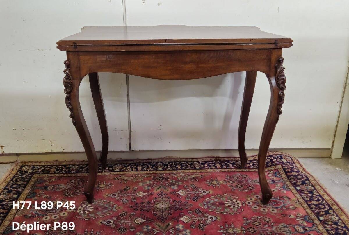 Louis XV style game table in marquetry and mahogany.