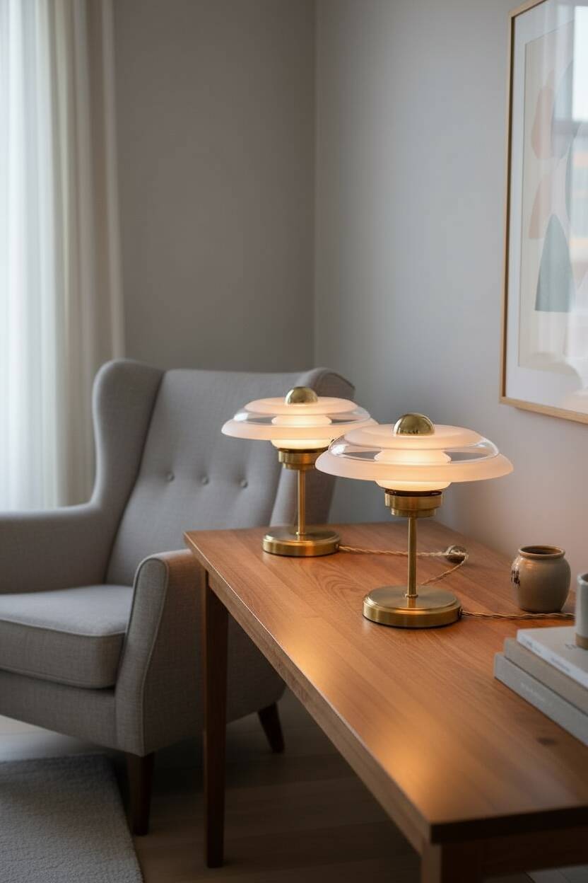 Pair of Art Deco bedside lamps in brass and engraved glass.