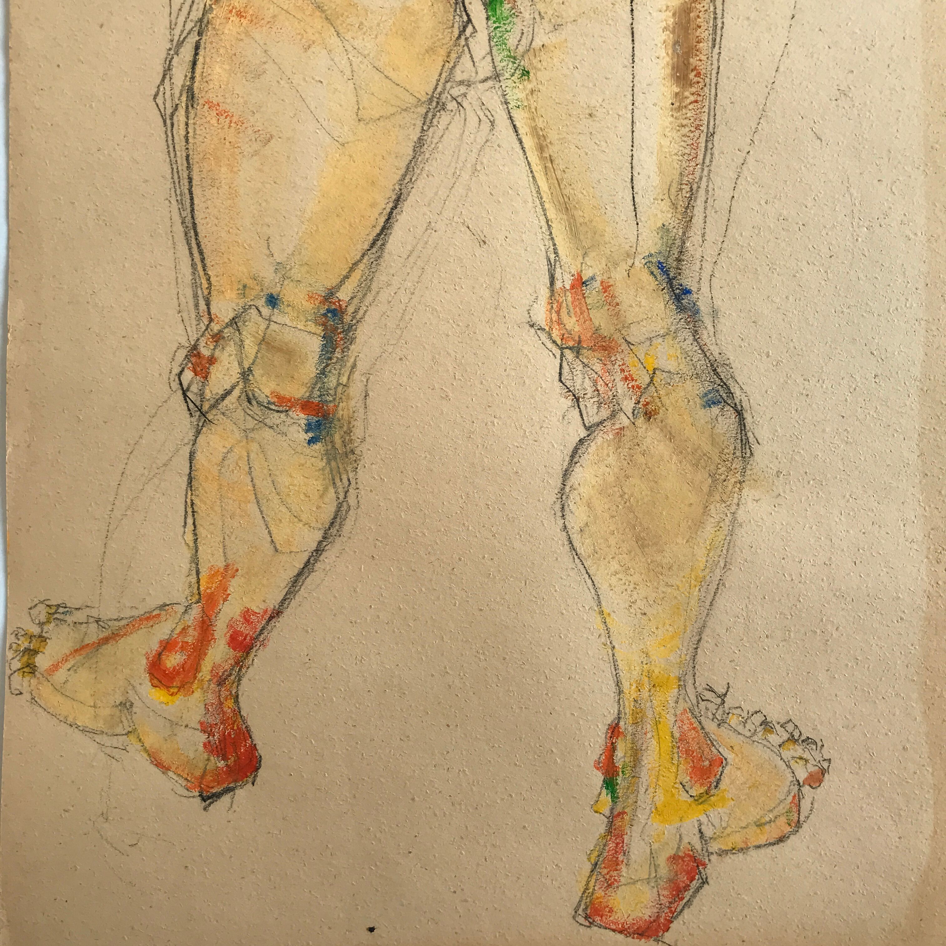 Mixed media on paper by robert haisley, study of female body, with color highlights