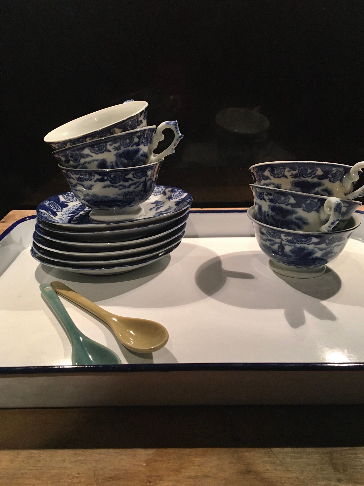 White and navy enamelled plate tray