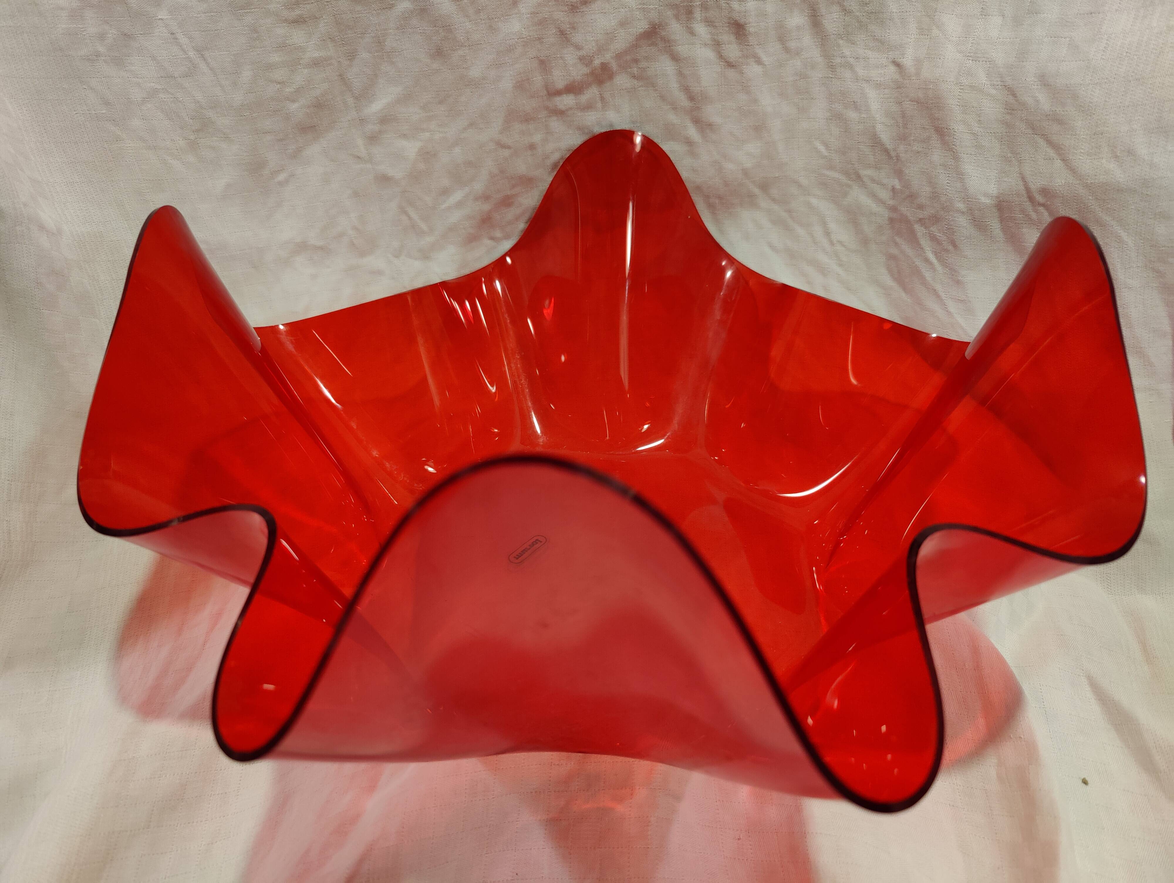 Red plexiglass fruit basket from the 70s