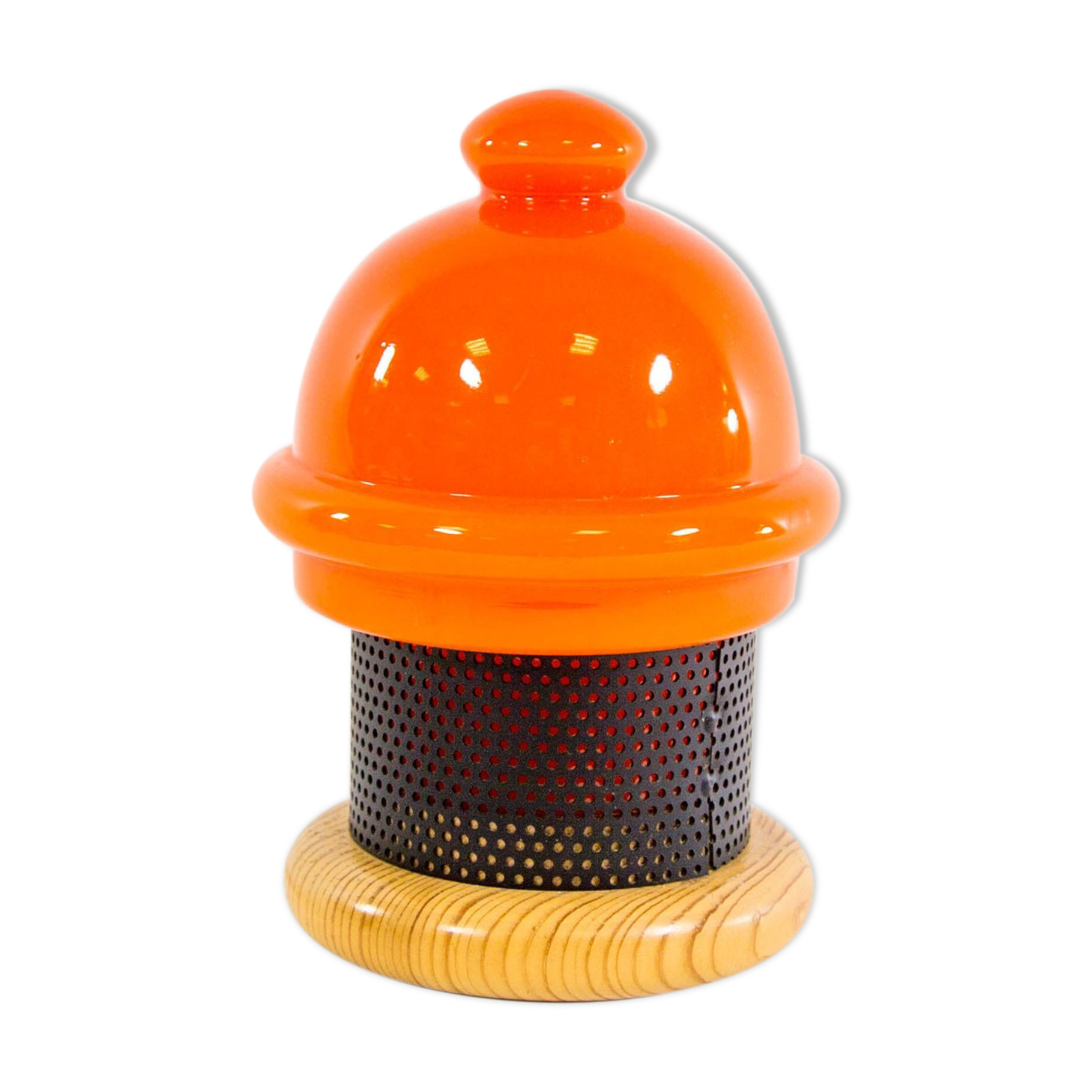 Vintage table lamp in orange glass and black perforated metal 70s