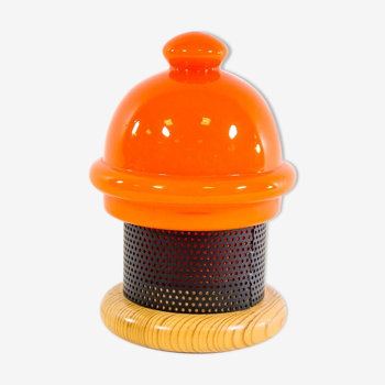 Vintage table lamp in orange glass and black perforated metal 70s