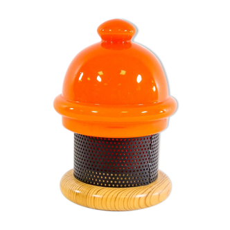 Vintage table lamp in orange glass and black perforated metal 70s