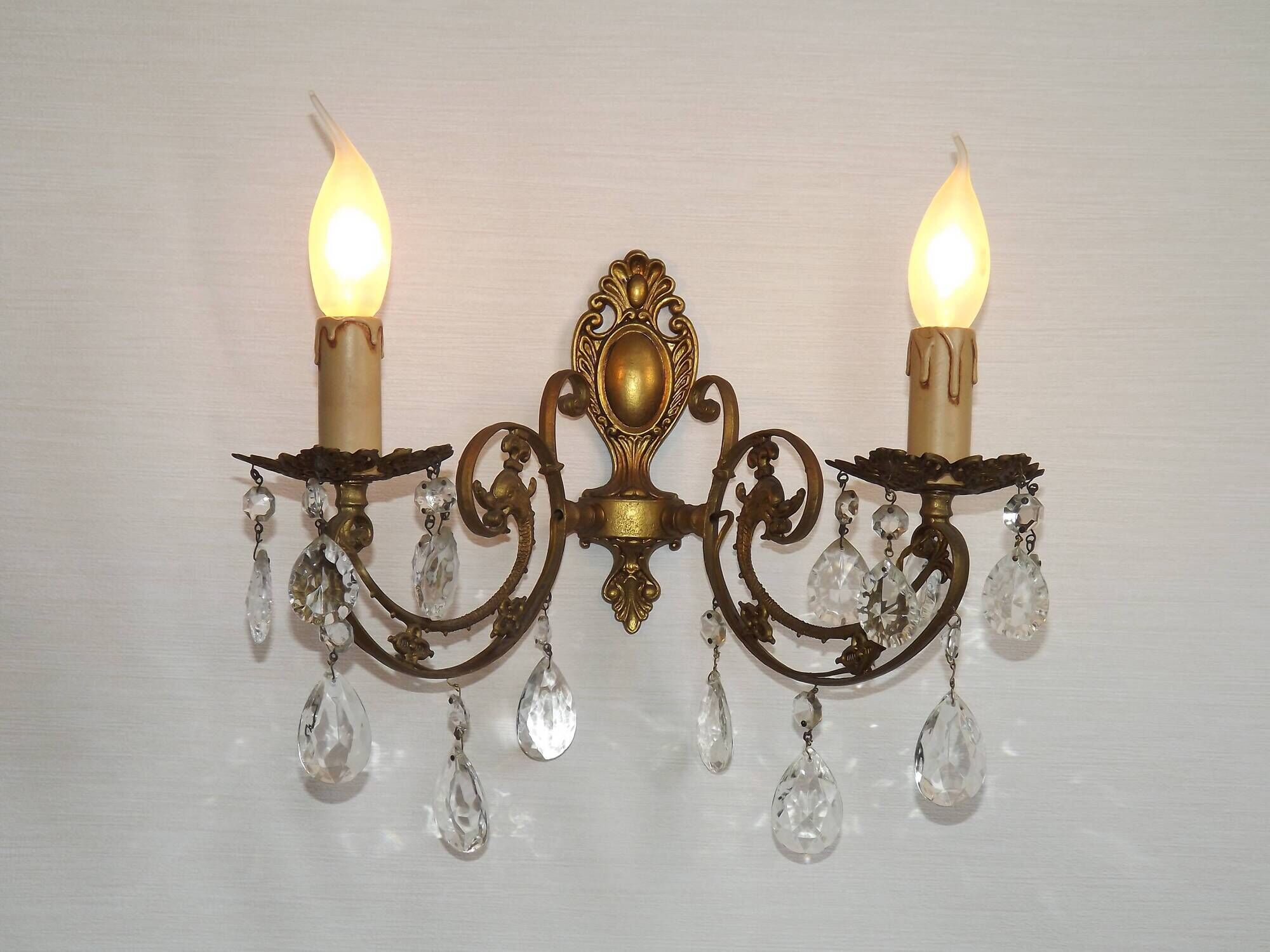 French Vintage Double Bronze & Crystal Wall Light - Stylized Dolphin Detail