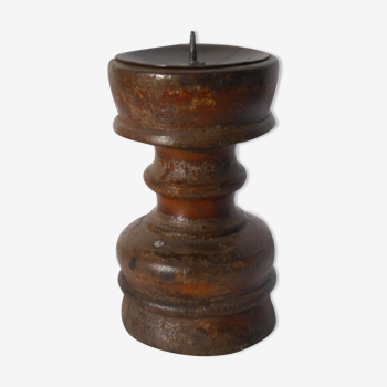 Candle holder round wood old teak patina of origin India