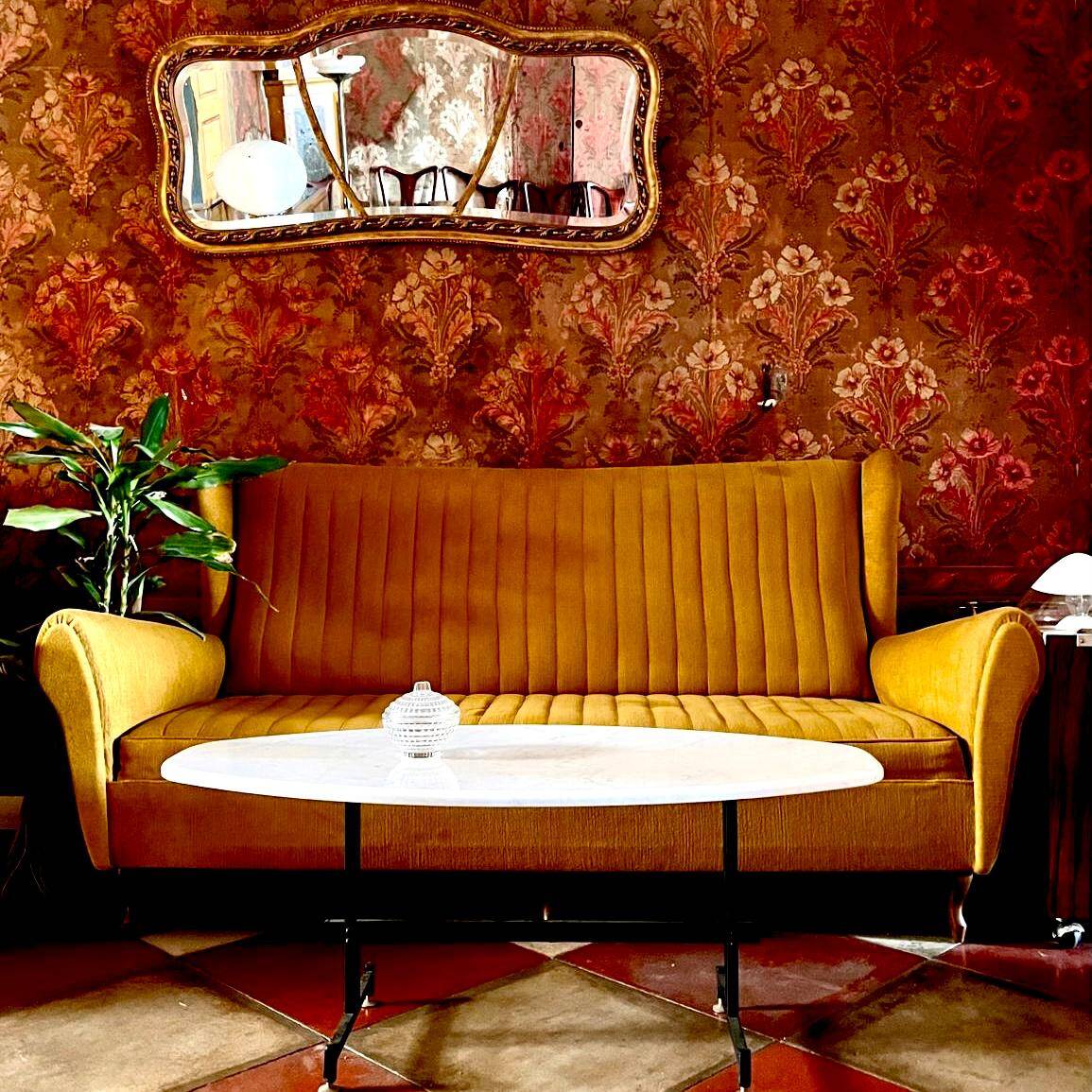 Mid-Century Three Seats Velvet Yellow Sofa, in the style of Gio Ponti