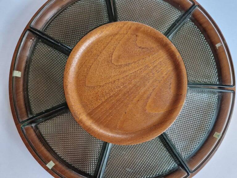 Midcentury Serving Teak and Glass Plate, Sweden, 1970s