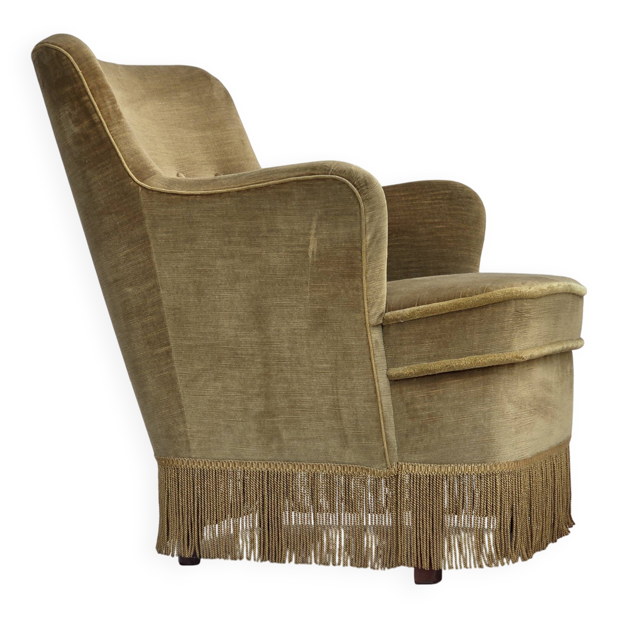 1970s, Danish lounge chair, light green furniture velour, beech wood.