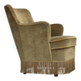 1970s, Danish lounge chair, light green furniture velour, beech wood.