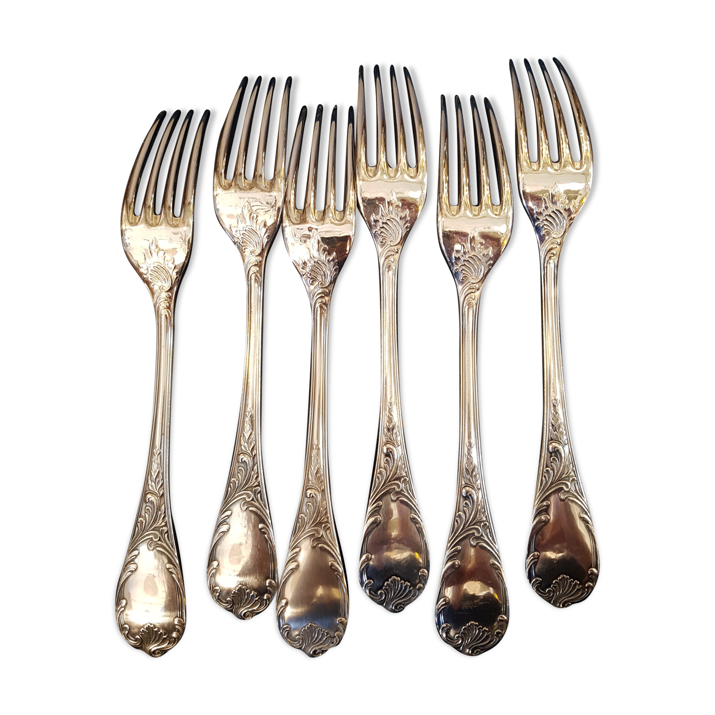 6 silver metal forks, Model Marly, by Christofle.