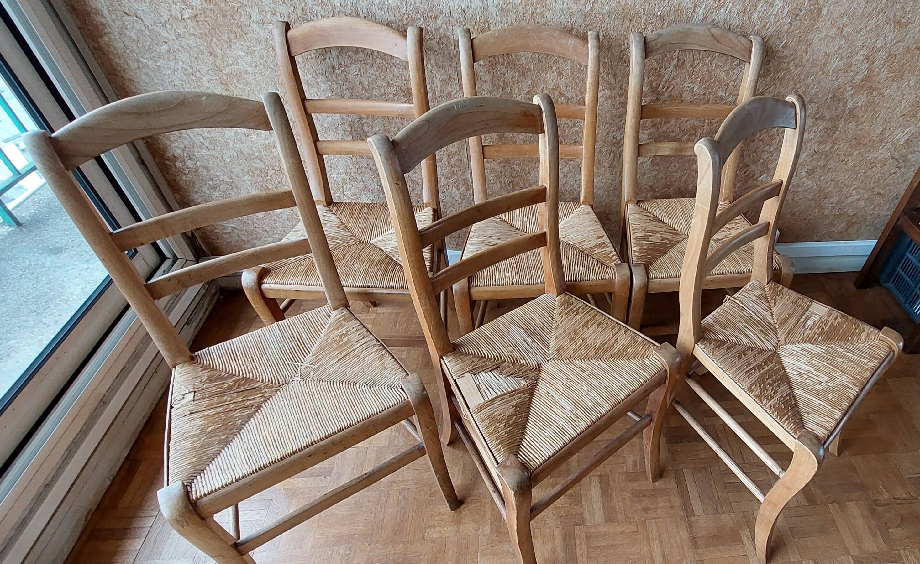 Set of 6 straw chairs in Louis Philippe style cherry wood