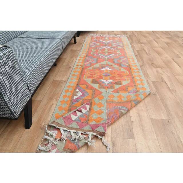 1970s Turkish Oushak Handmade Wool Cotton Orange Area Rug 91x305