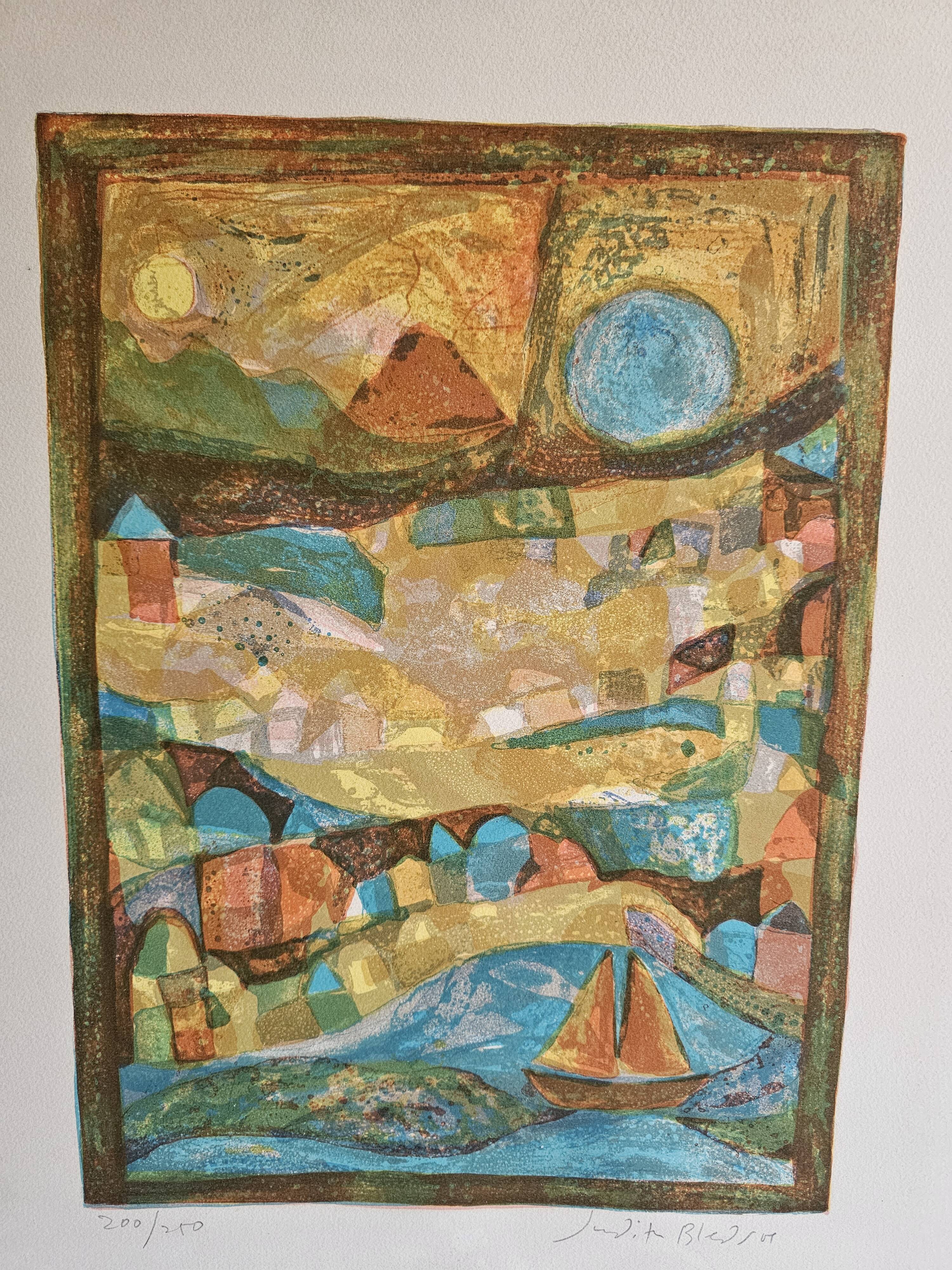 Lithographic table stylised figurative composition sailing boat Judith Bledsoe