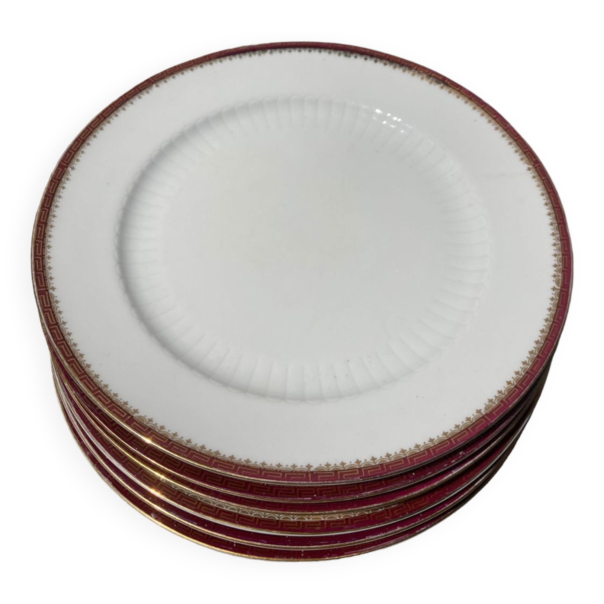 6 flat plates in gilded porcelain and burgundy