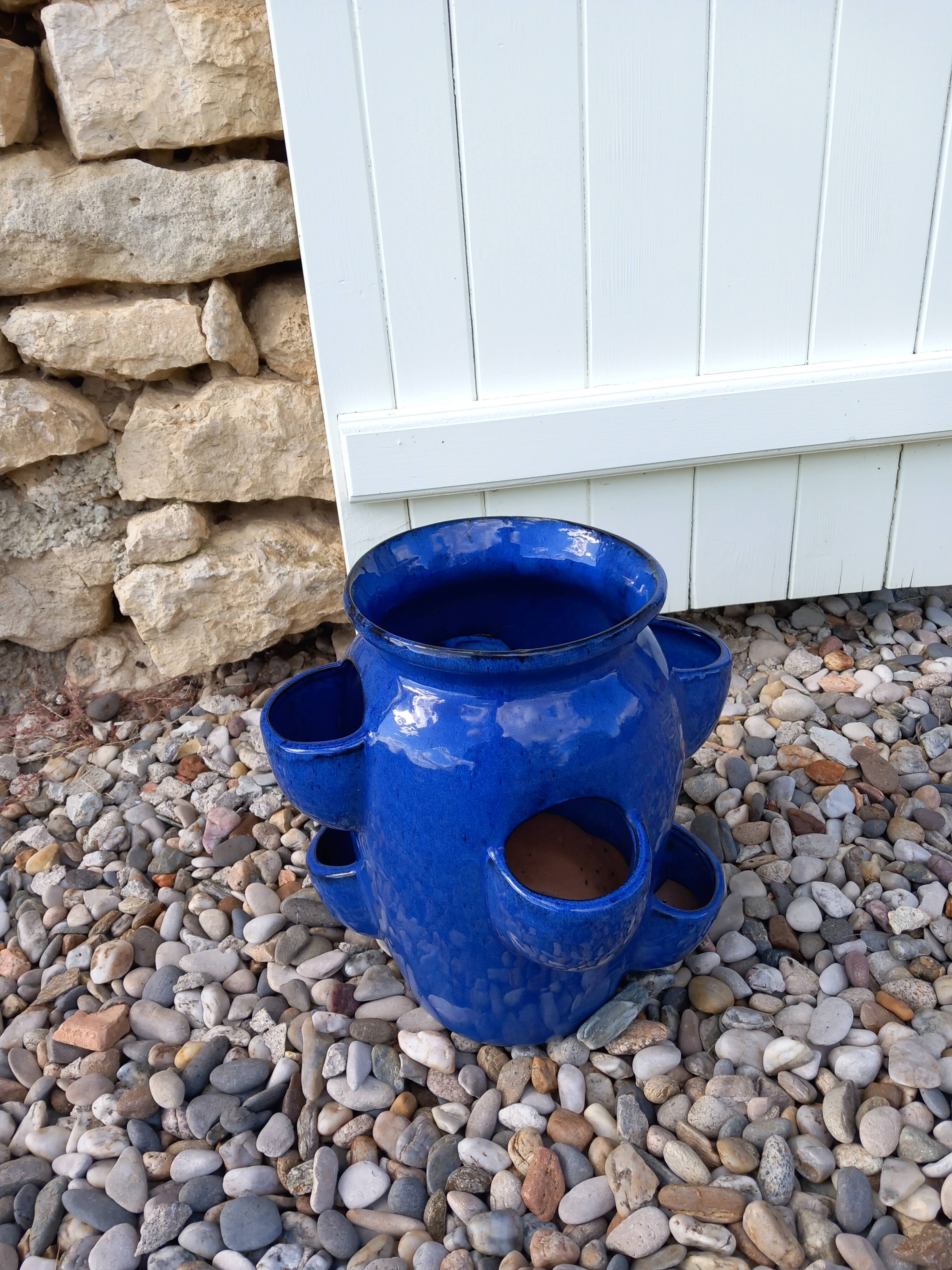 Blue glazed terracotta strawberry pot