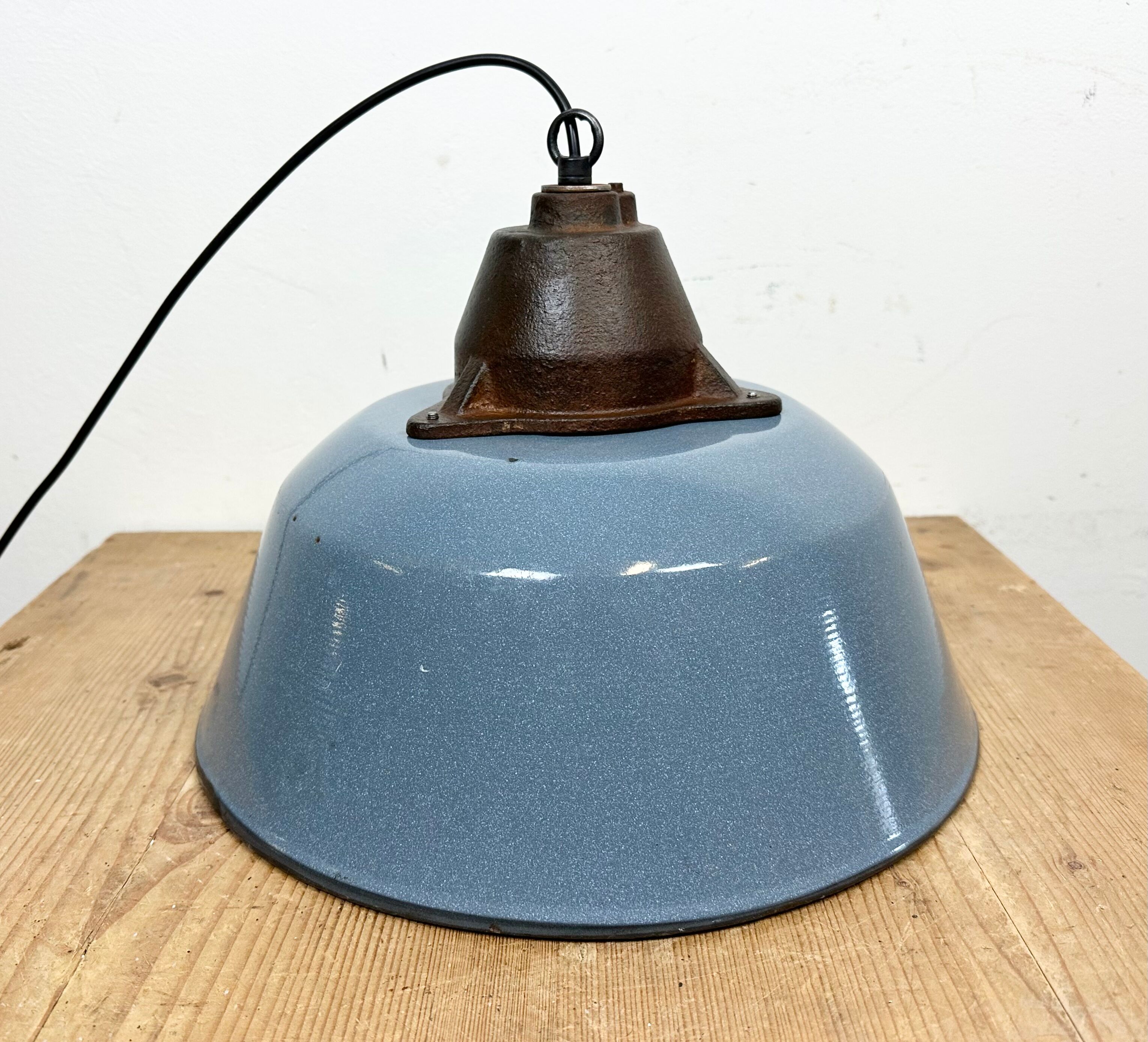Industrial Grey Enamel and Cast Iron Pendant Light with Glass Cover, 1960s