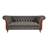 Chesterfield sofa in wood, tweed and leather