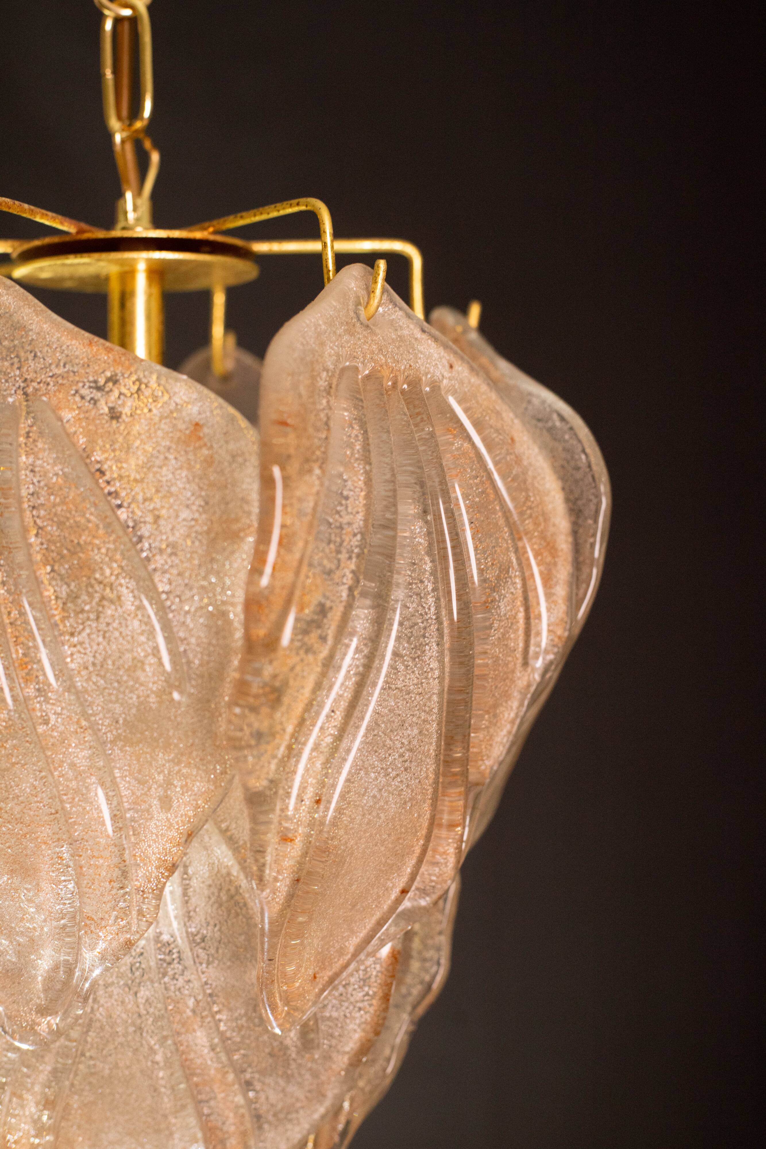 Gorgeous vintage Murano chandelier with leaves of orange and pink highlights