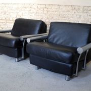 pair of armchairs, black leather & stainless steel, 1990