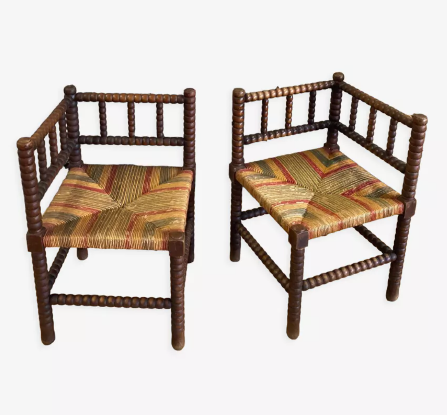 Pair of corner armchairs paillés in turned wood antique multicolored seat