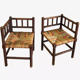 Pair of corner armchairs paillés in turned wood antique multicolored seat