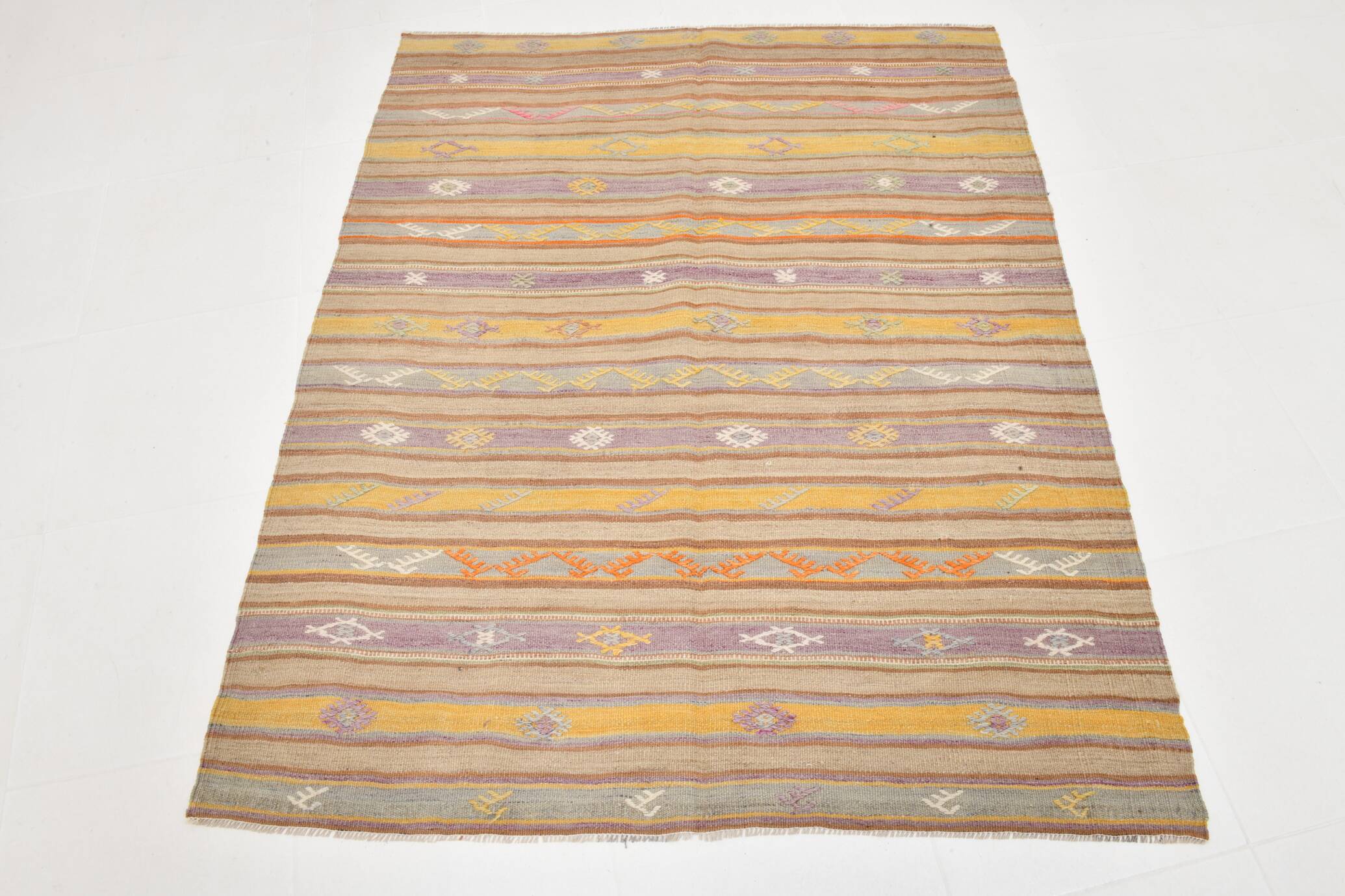 Warm Earth Tones Striped Turkish Kilim Rug, 135x168 Cm
