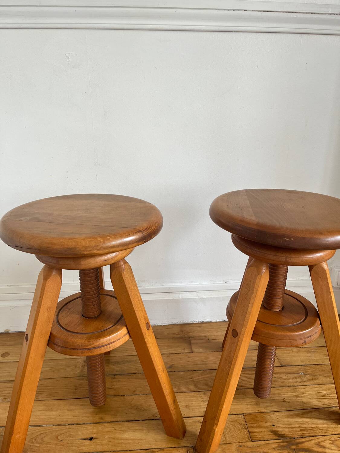 Pair of solid wood screw stools