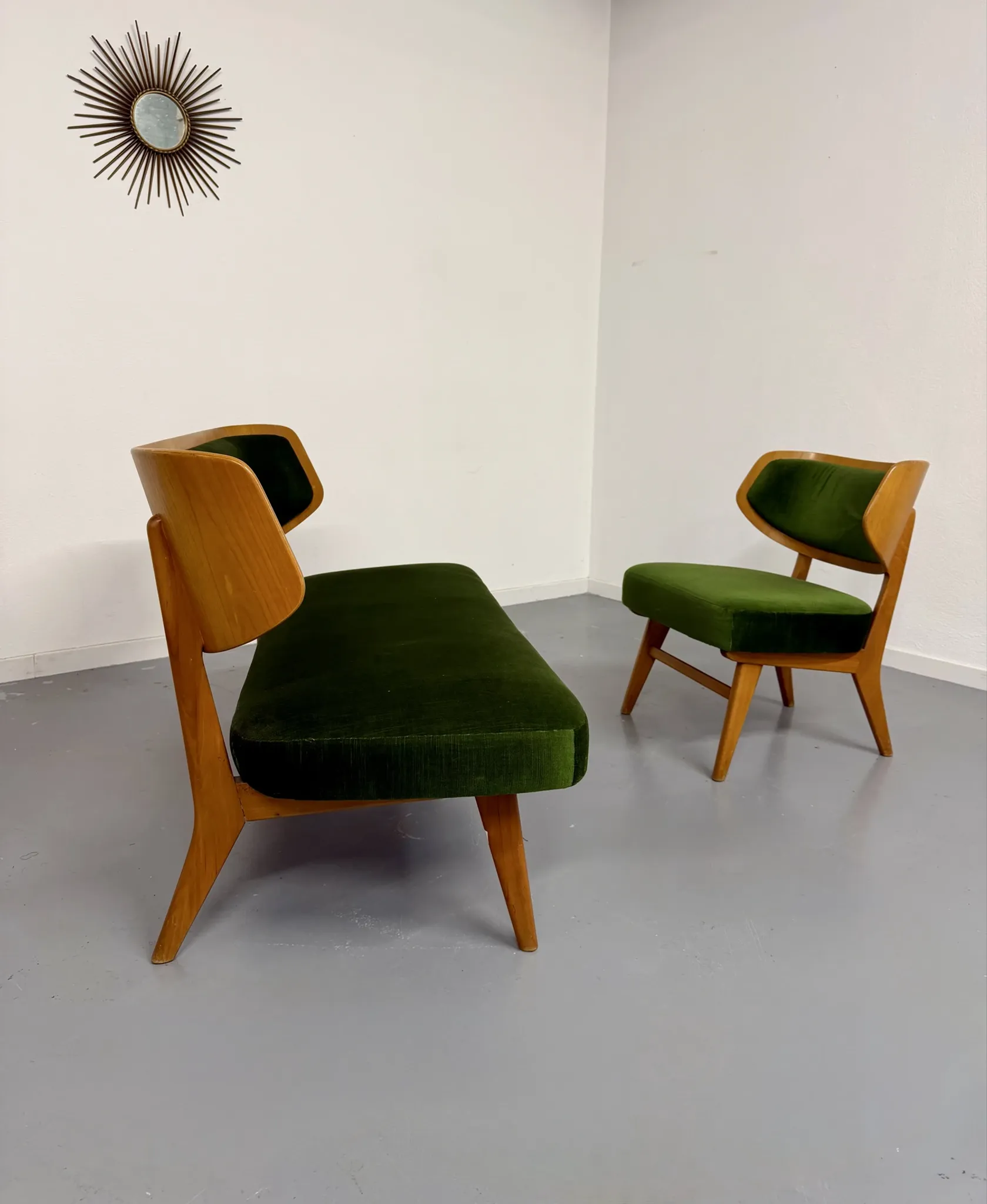 Sofa and armchair designed by Herta-Maria Witzemann, moulded wood, 1960s.
