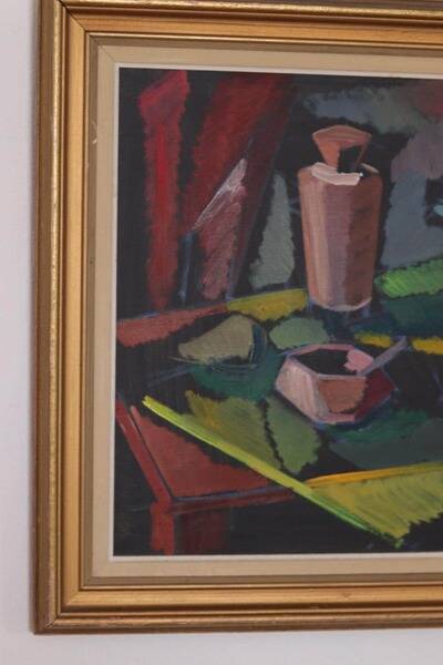 Original mid-century Swedish oil on canvas – “Kubisk Still Life” by Bror Göransson – vintage & framed – 75 × 64 cm (29.5" × 25.2")