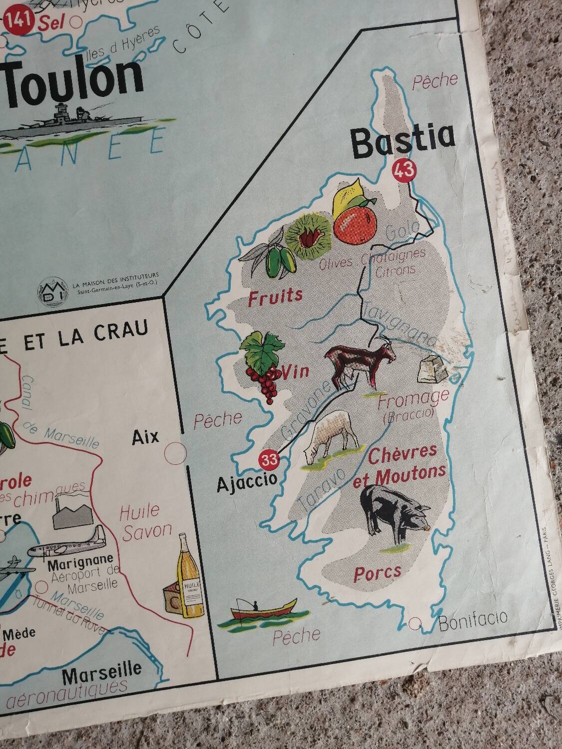 Vintage school map mdi FRANCE Corsica Massif Central