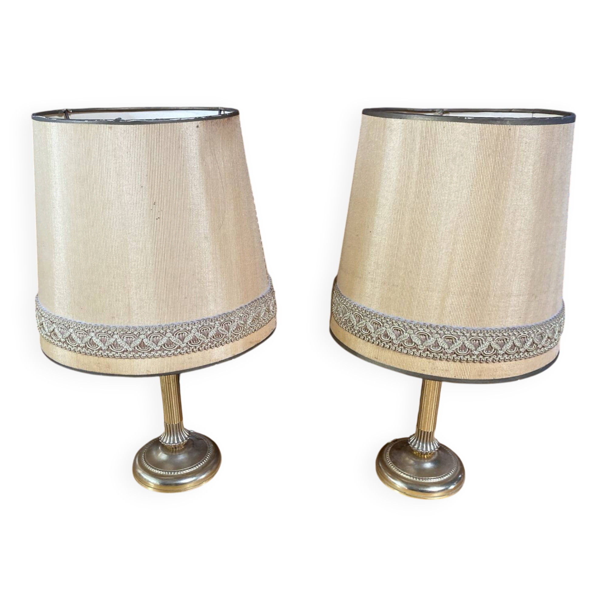 Pair of Empire Style Table Lamps Column Shape Golden Metal Vintage France