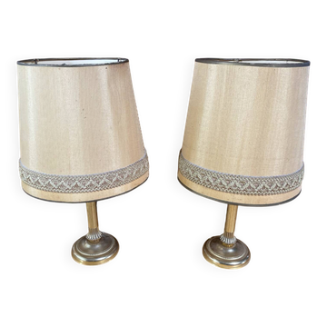 Pair of Empire Style Table Lamps Column Shape Golden Metal Vintage France