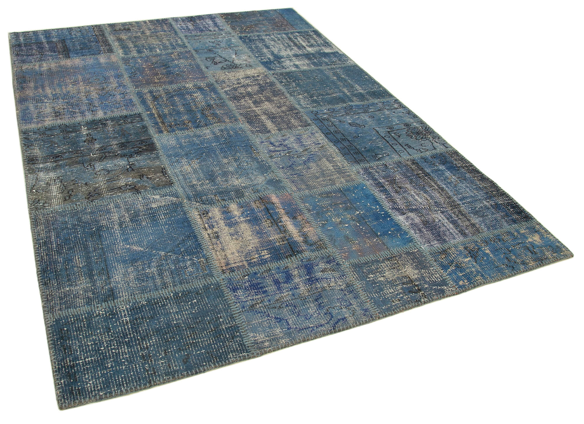 Handmade anatolian overdyed 176 cm x 243 cm blue patchwork carpet