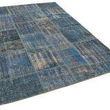 Handmade anatolian overdyed 176 cm x 243 cm blue patchwork carpet