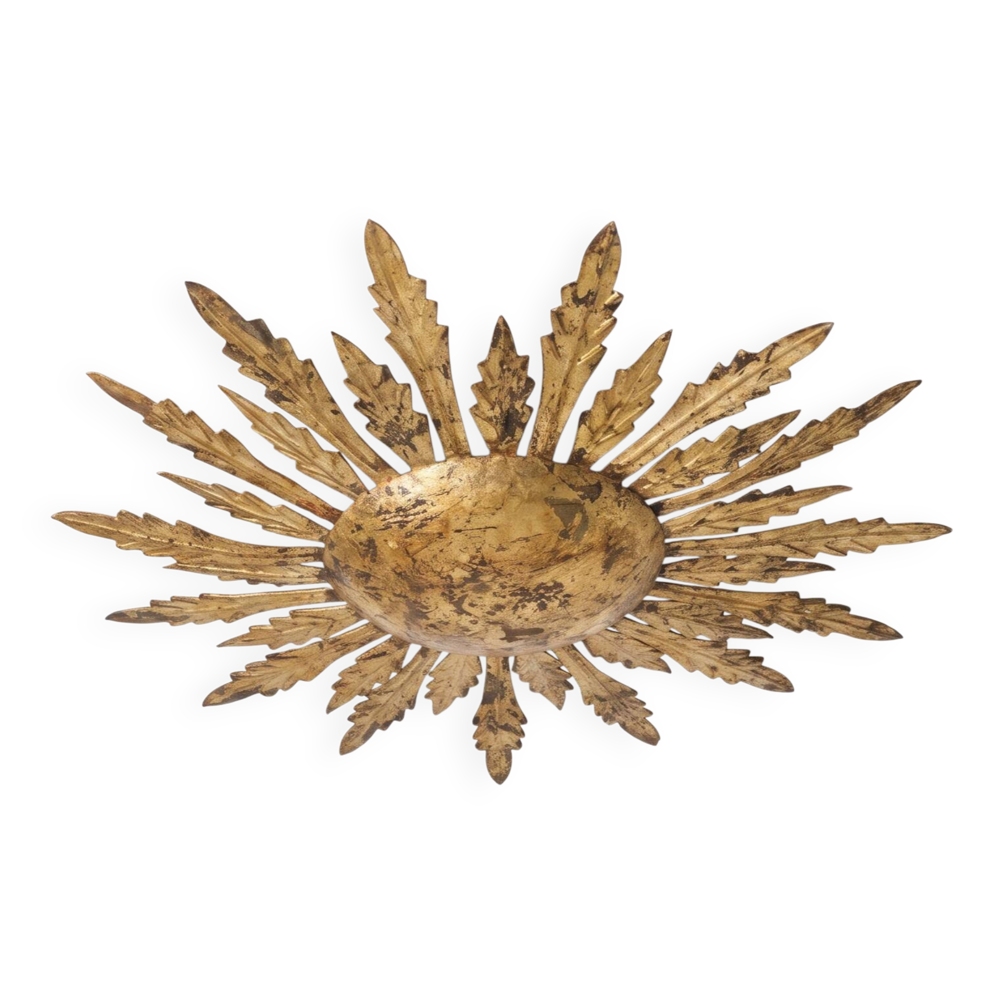Mid-century sun ceiling lamp in gilded metal with leaf rays, 1950s