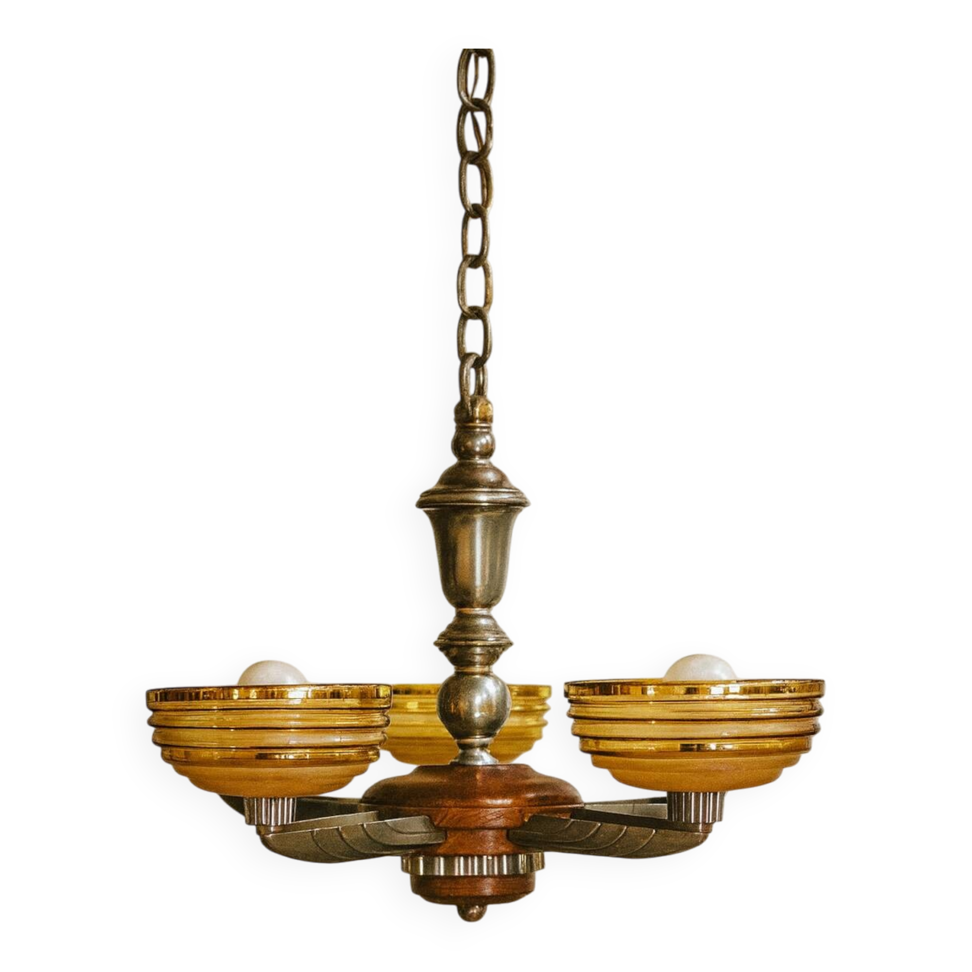Petitot Art Deco Chandelier – 5 lights – Wood, metal and amber glass, 1920